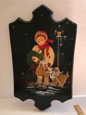 Vintage-Style Holiday Plaque with Boy and Dog in Red and Brown